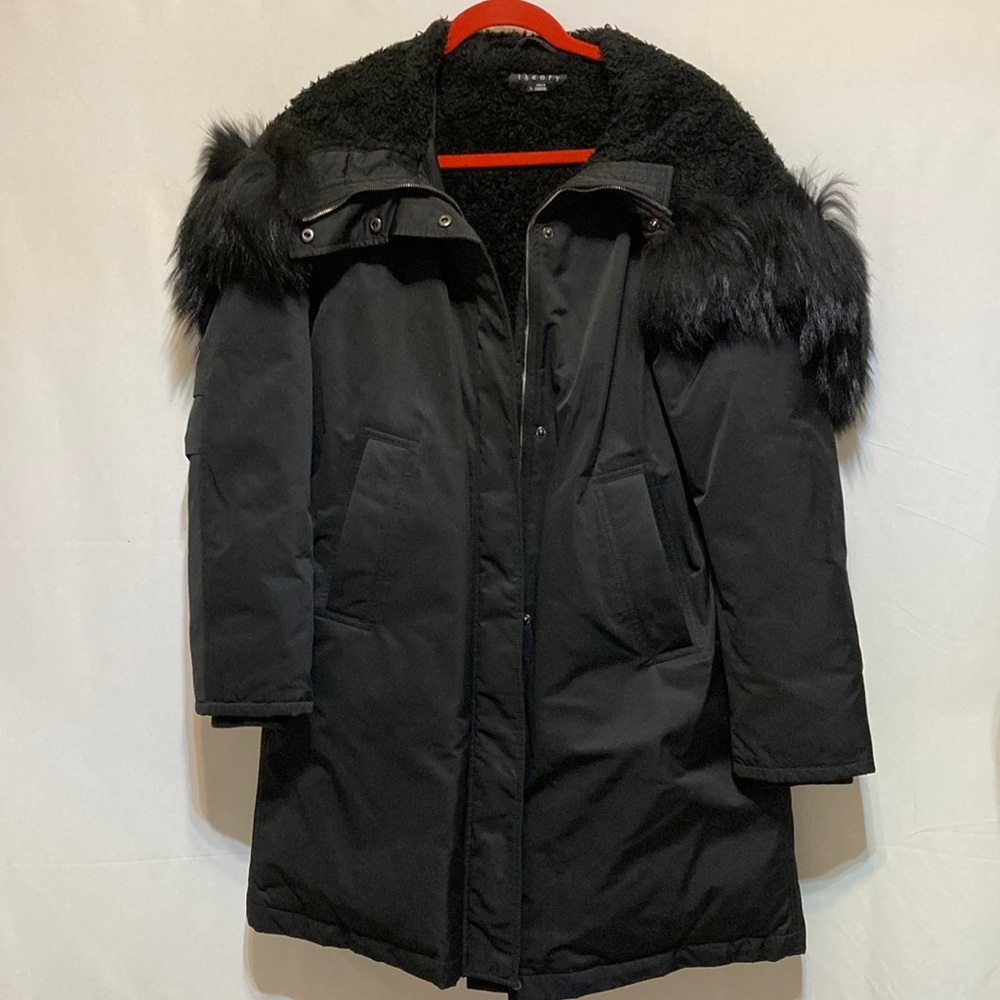 NWOT THEORY BLACK DOWN GENUINE FUR HOODED COAT